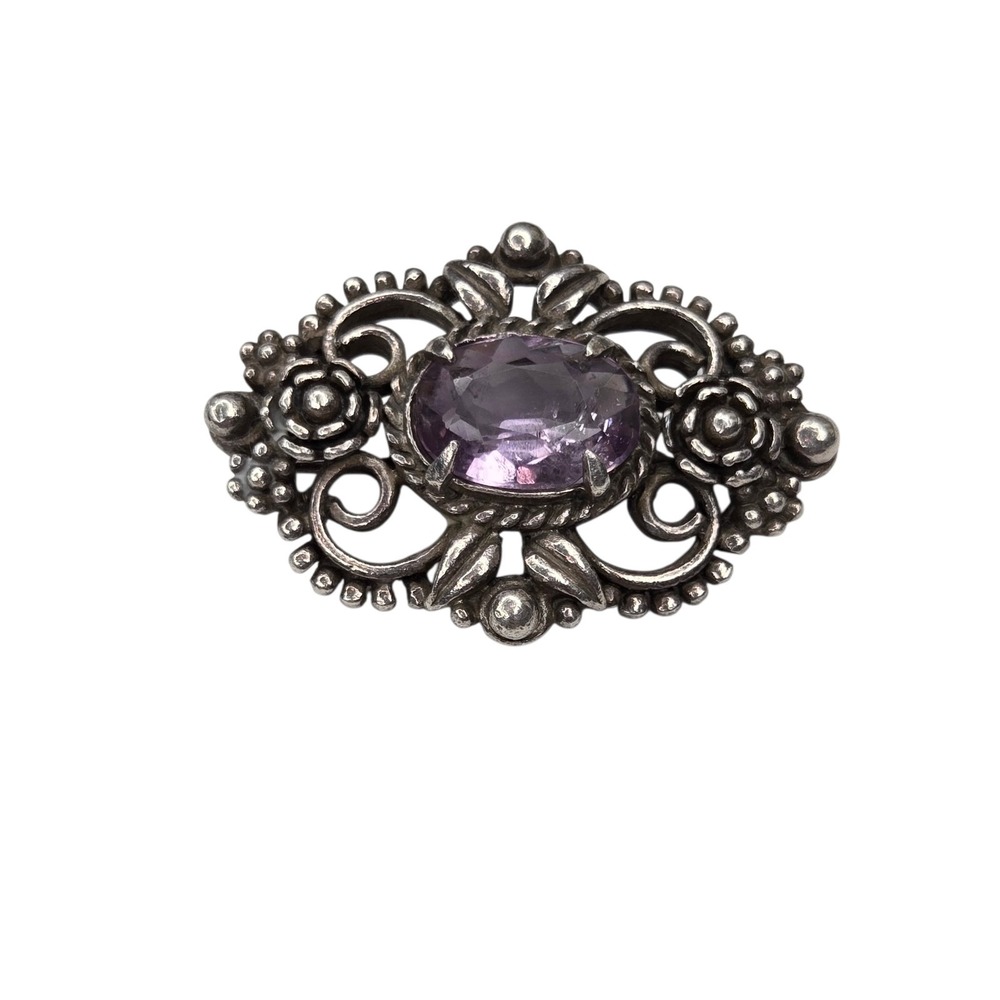 Vintage Floral Sterling Silver 925 Amethyst Brooch Pin